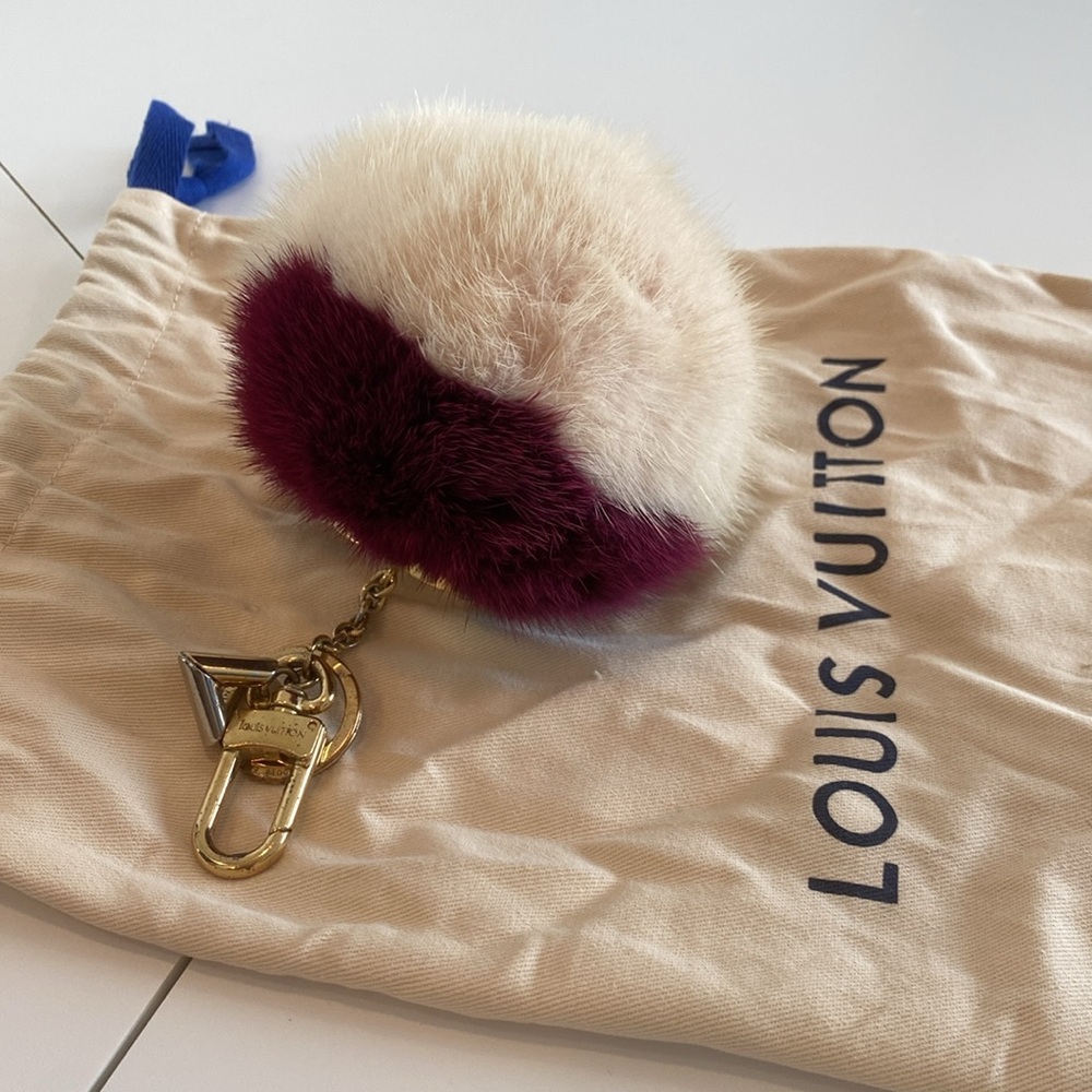 Louis Vuitton Two-Tone Fur Pom Pom Key Holder in Cream and Deep Berry